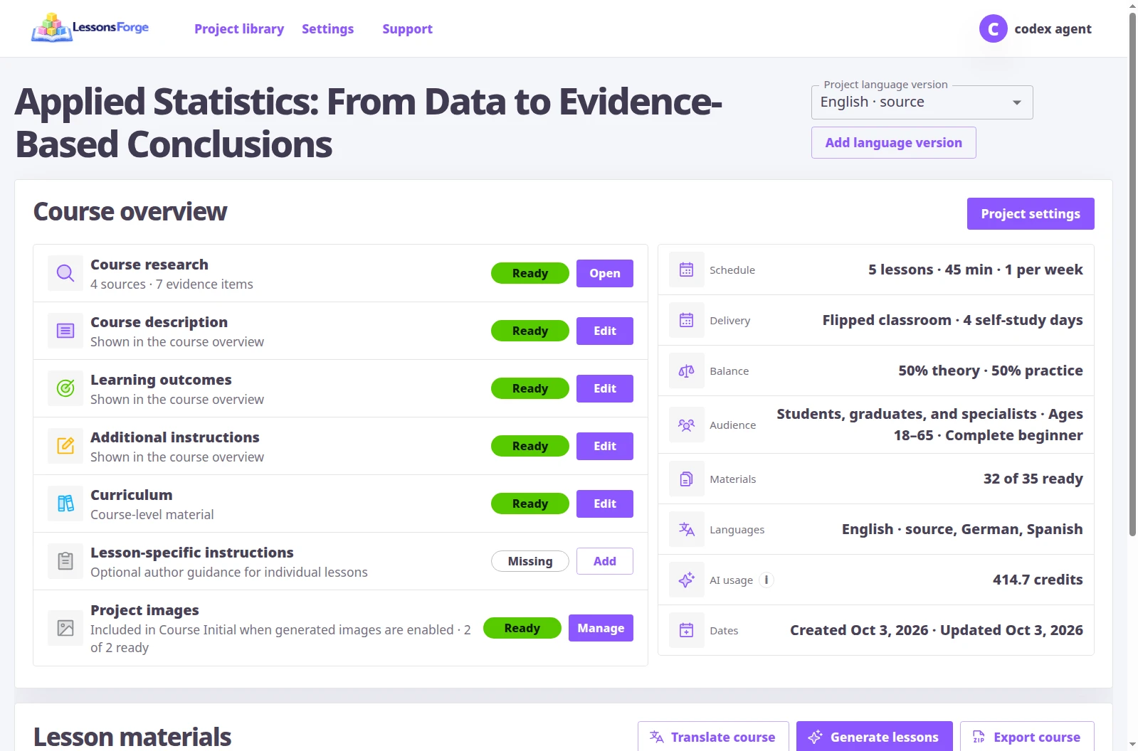 English Applied Statistics course in the LessonsForge cabinet with its lesson sequence and material controls.