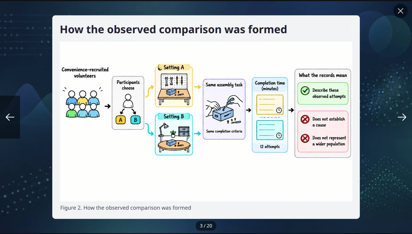 Independent presenter showing how participants, work settings, task and completion records form an observed comparison.